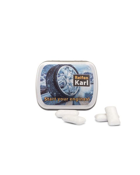 Matt silver tin with KoRo menthol chewing gum and promotional print