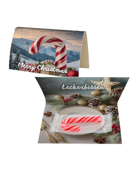 Candy cane in folded advertising card with advertising print