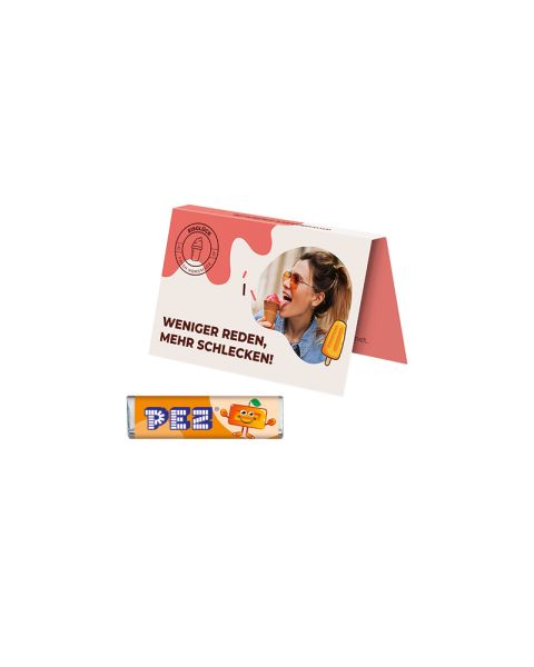 Advertising card PEZ orange candy bar with logo print