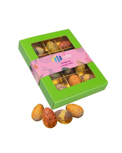 Easter chocolate eggs in window box with promotional sleeve