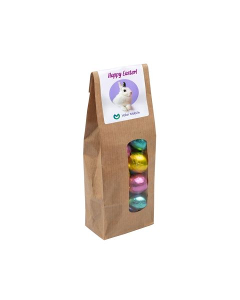 Chocolate Easter eggs in kraft paper bags with promotional label