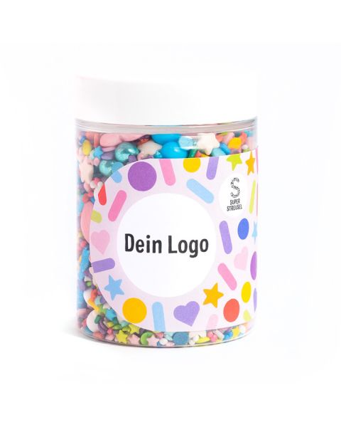 Super Streusel Confetti Parade in a transparent tin with an advertising label