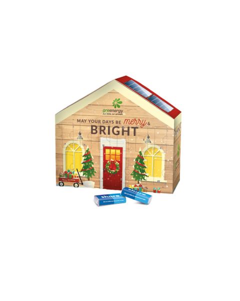 Advent calendar house with share chocolate bars in glassine paper and promotional print
