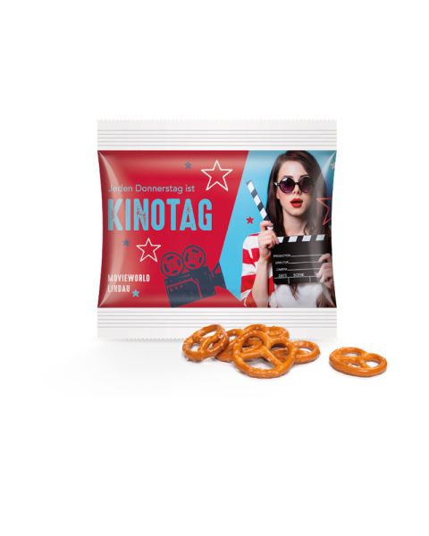 9 g mini pretzels in promotional bags with promotional print