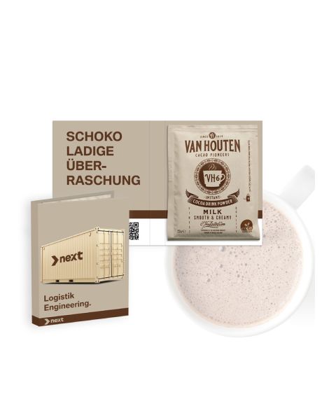 Advertising folding card with single-serve pack of Van Houten cocoa drink and advertising print