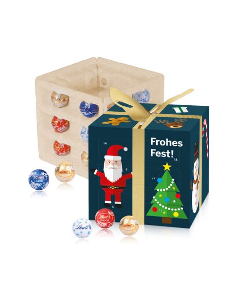 Lindt Adventskalender Cube Geschenkzauber mit einem Inlay aus Papier und Werbedruck