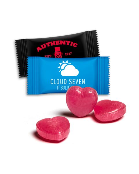 3 g raspberry candy in heart shape in flow pack with promotional print