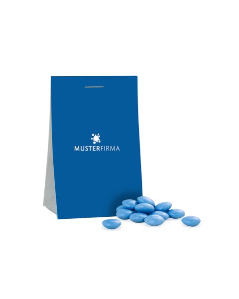 10 g blue chocolate beans in a snack bag with advertising insert