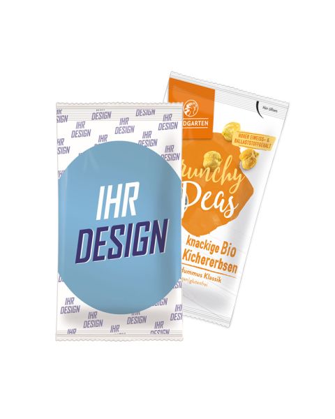 30 g LANDGARTEN Bio Crunchy Peas Hummus Klassik im Papiertütchen mit Werbedruck