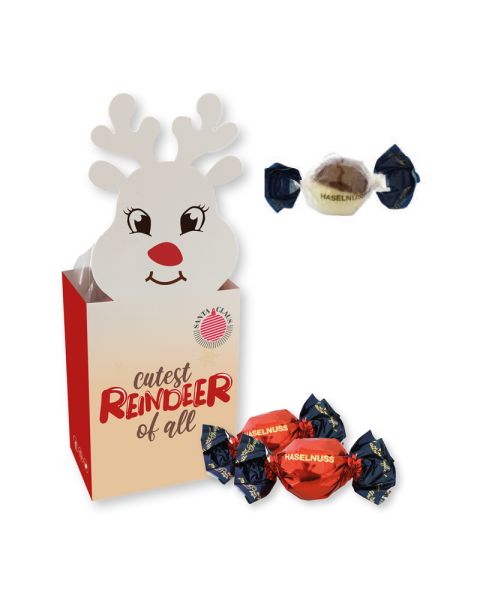 75 g Weihnachtspralinés Rentier mit Milch- und weißer Schokolade in Motivkartonage mit Logodruck