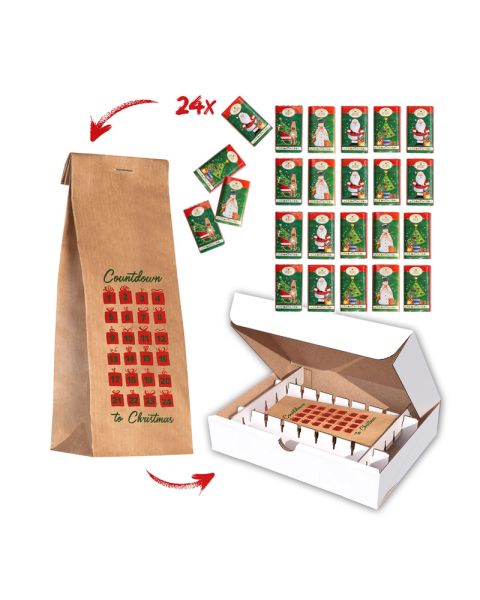 Paper bag chocolate bars with standard print Countdown to Christmas in shipping box