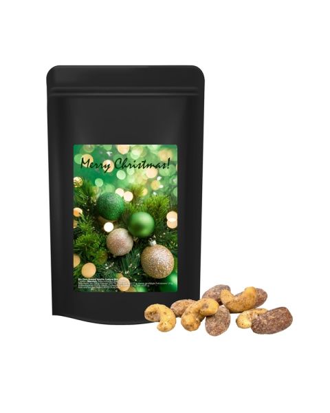 Organic cinnamon almond vanilla cashew mix in black midi stand-up pouches with promotional label