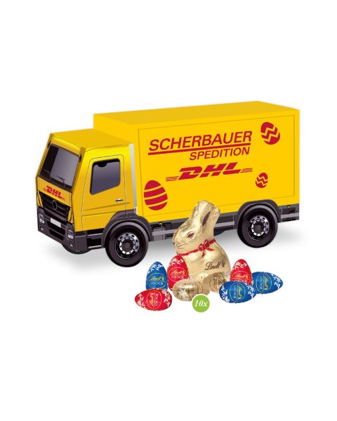 3D Präsent LKW Ostern mit Schokoladenmischung von Lindt und Werbedruck