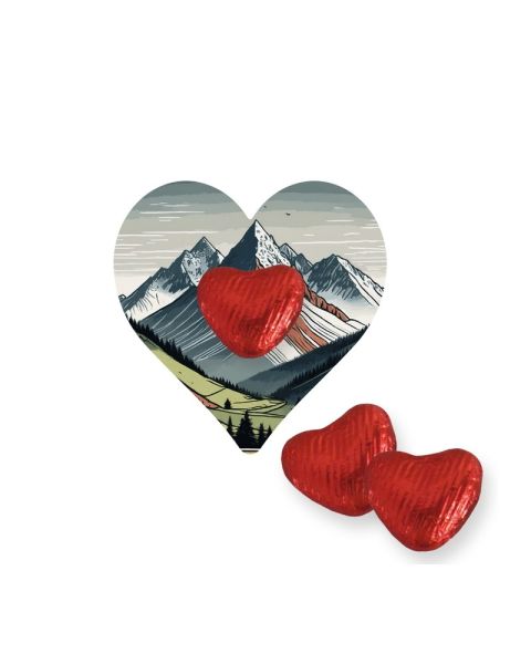 Chocolate heart on mini heart-shaped flyer with promotional print