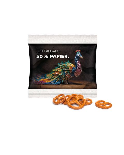 9 g mini pretzels in promotional paper foil bags with promotional print
