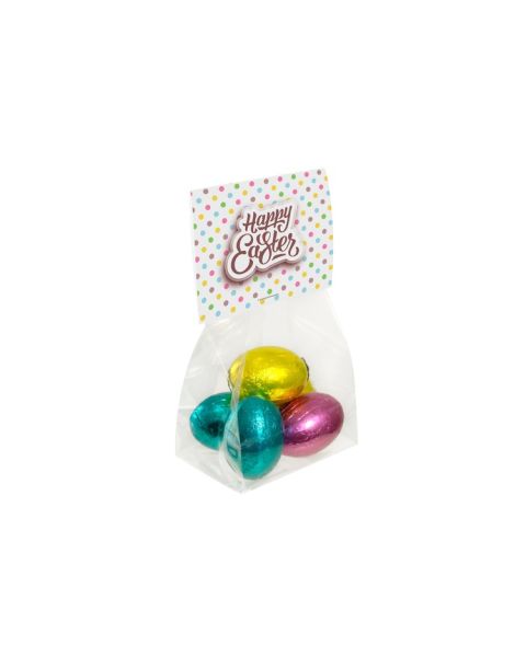 Chocolate Easter eggs in stand-up pouches with printable tags