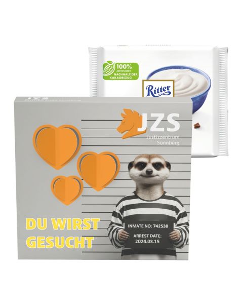 Ritter SPORT Joghurt Schokolade in einer Präsentbox mit einer 3D-Herz-Ausstanzung und Werbedruck