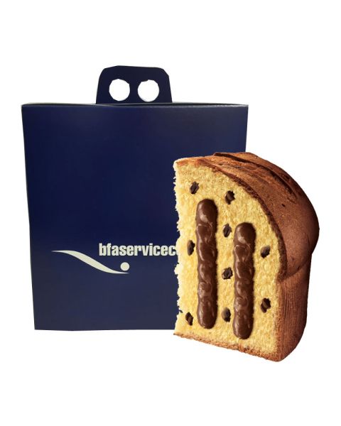 750 g Panettone mit Schokoladenstückchen und Schokoladencreme in einer Faltschachtel mit Werbeanbringung