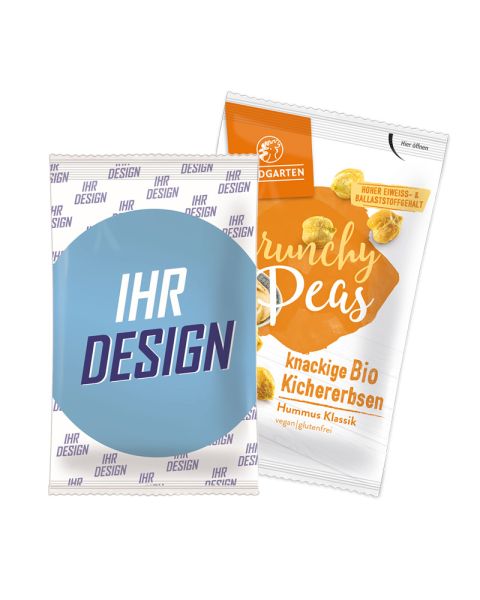40 g LANDGARTEN Bio Crunchy Peas Hummus Klassik im Papiertütchen mit Werbedruck