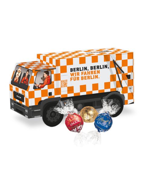 3D Präsent LKW mit Lindt Lindor Pralinés und Werbedruck