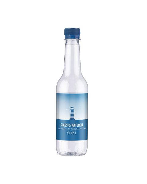 430 ml natural mineral water in a longneck bottle with promotional label
