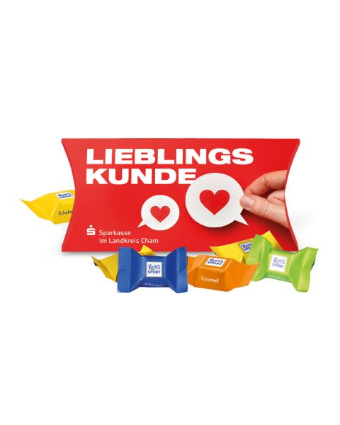 Kissenverpackung Creative mit Ritter SPORT Schokowürfel und Werbedruck