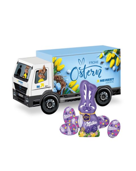 3D Präsent LKW Ostern mit Schokoladenmischung von Milka und Werbedruck