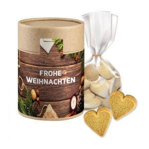 Butter-Herzen fein in Kraftpapierdose Maxi mit Werbebanderole
