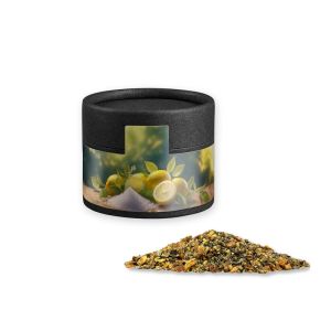 Zitronen-Pfeffer in Kraftpapierdose Mini schwarz mit Werbebanderole