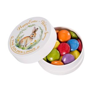 16 g bunte Schokolinsen in einer Papier XS-Taschendose mit Werbedruck