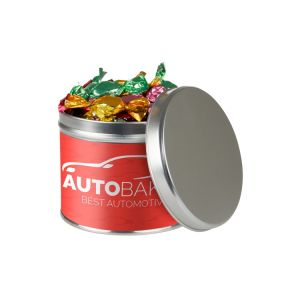0,6 l silberne Metalldose befüllt mit Metalic sweets und mit Banderole