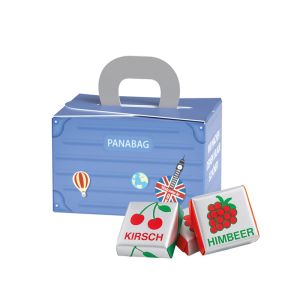 Fruchtkaramelle in Geschenkbox Koffer und Werbedruck