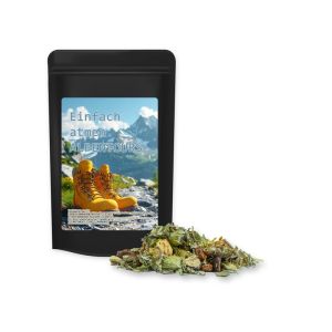 35 g Kräutertee Bergtee & Zitrus im Midi Standbeutel schwarz mit Werbeetikett