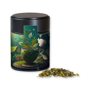 Bio Kräutertee Kräuterfantasie in schwarzer Midi Metalldose mit Werbebanderole