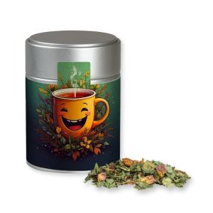 Bio Kräutertee Glücksgefühle in silbener Midi Metalldose mit Werbebanderole