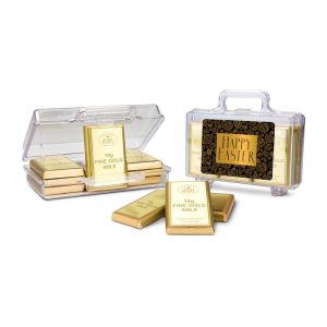 Präsent 120 g Frohe Ostern Goldkoffer mit 12 Goldbarren Edelvollmilch Schokolade