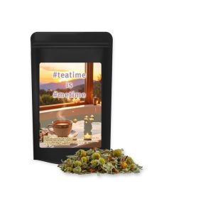 40 g Bio Rotbuschtee Entspannungszeit im Midi Standbeutel schwarz mit Werbeetikett