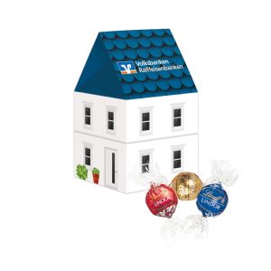 3D Präsent Haus mit Lindt Lindor Pralinés und Werbedruck