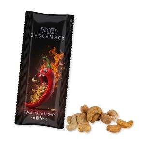 Bio Cashewkerne geröstet gesalzen mit Chilli im Portionsstick mit Werbedruck