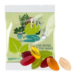 20 g Individuelle Fruchtgummi-Formen vegan im kompostierbaren Werbetütchen mit Werbedruck