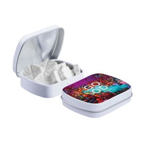Mini Klappdeckeldose mit Pfefferminz in Kleeblatt-Form und Werbedruck