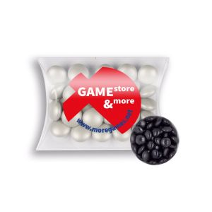 15 g schwarze Schoko-Linsen in Mini-Kissen mit Tampondruck
