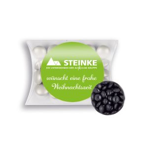 15 g schwarze Schoko-Linsen in Mini-Kissen mit Werbeetikett