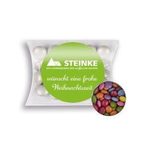 15 g Schoko-Konfetti bunt in Mini-Kissen mit Werbeetikett