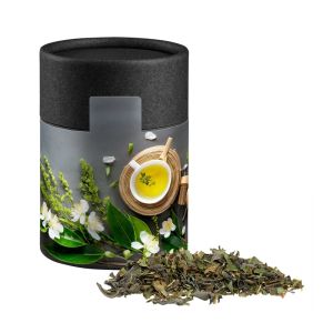 Bio Grüner Tee mit Minze in Kraftpapierdose Midi schwarz mit Werbebanderole