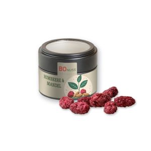 Gebrannte Mandeln Himbeere in schwarzer Mini Metalldose mit Sichtfenster und Werbebanderole