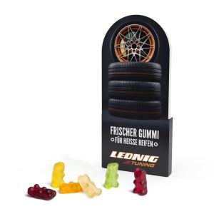 100 g Gummibärchen in Standbodenkartonage mit Werbedruck