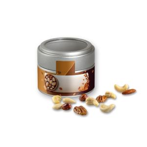 Bio NusskernMix in silbener Mini Metalldose mit Sichtfenster und Werbebanderole
