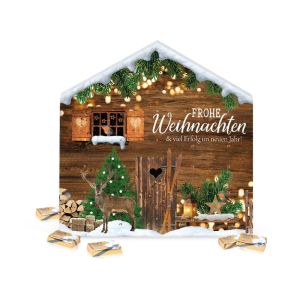 Adventskalender Weihnachtshaus mit Lindt Schokolade und Rundum-Werbedruck