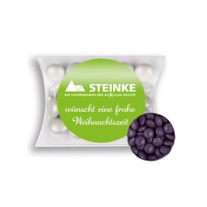 15 g lila Schoko-Linsen in Mini-Kissen mit Werbeetikett